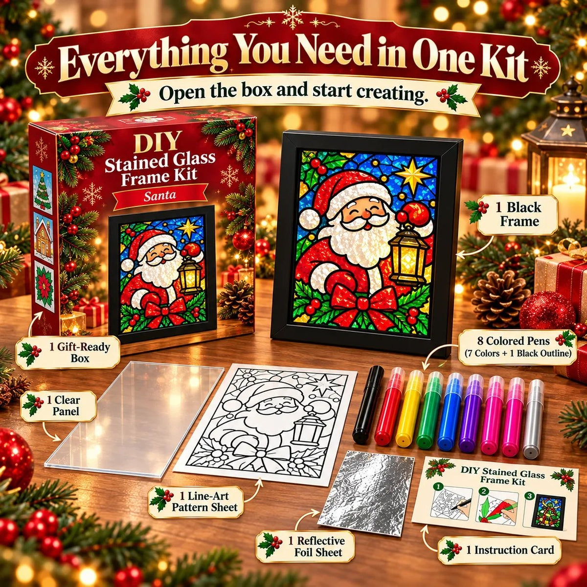 🎄🎨Beginner-Friendly Christmas Stained Glass-Style Frame Kit | 8 Festive Designs with Pens, Foil & Frame (✨Buy 2 Free Shipping)