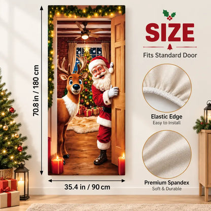 Christmas Door Cover - Stretch Fit Santa & Reindeer Door Decoration with 4-Side Elastic Edges