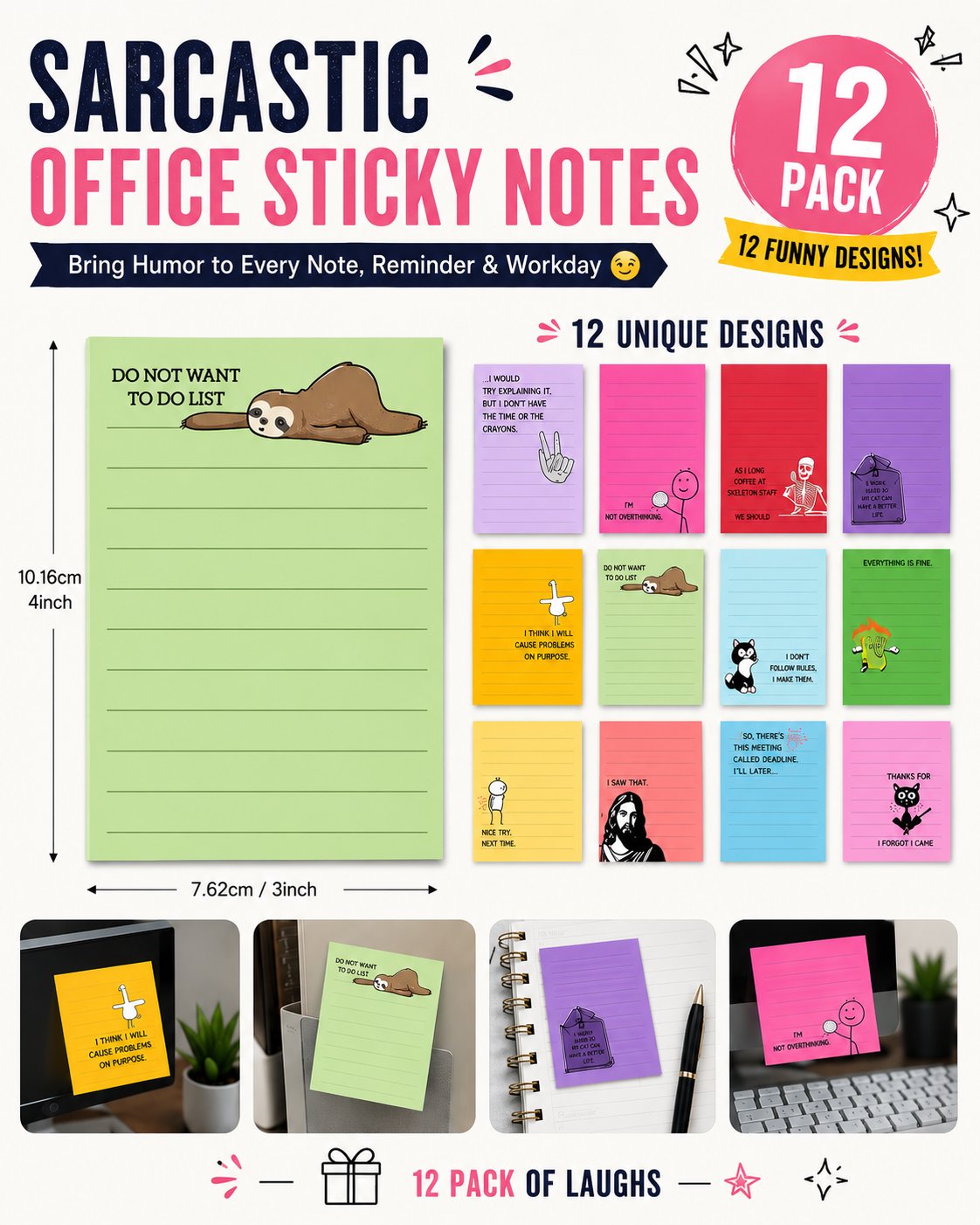 Buy 2 Free Shipping💼😂 12-Pack Sarcastic Office Sticky Notes – Funny Coworker Memo Pads & Hilarious Desk Gifts