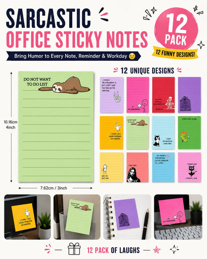 Buy 2 Free Shipping💼😂 12-Pack Sarcastic Office Sticky Notes – Funny Coworker Memo Pads & Hilarious Desk Gifts