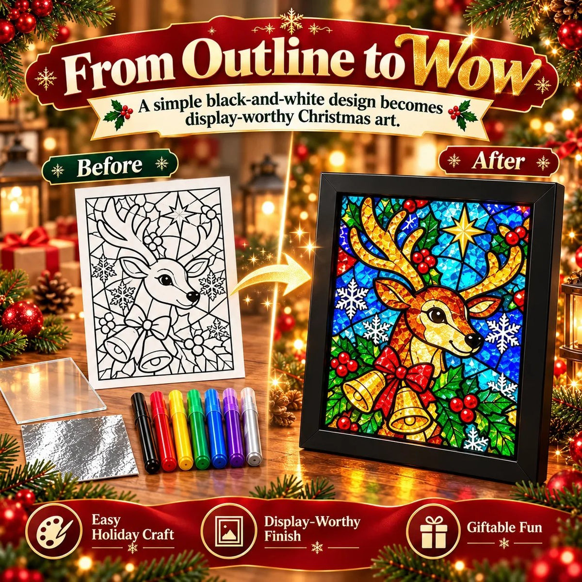 🎄🎨Beginner-Friendly Christmas Stained Glass-Style Frame Kit | 8 Festive Designs with Pens, Foil & Frame (✨Buy 2 Free Shipping)