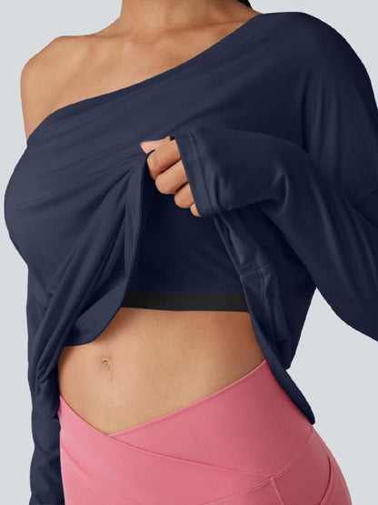 One Shoulder Long Sleeve Thumb Hole Curved Hem Top-Built-in Bra