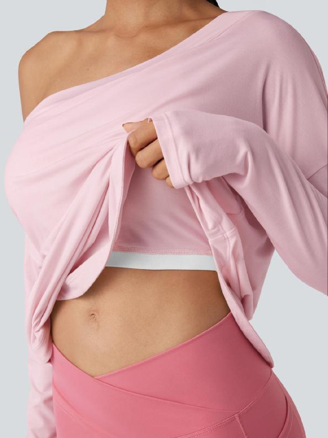 One Shoulder Long Sleeve Thumb Hole Curved Hem Top-Built-in Bra