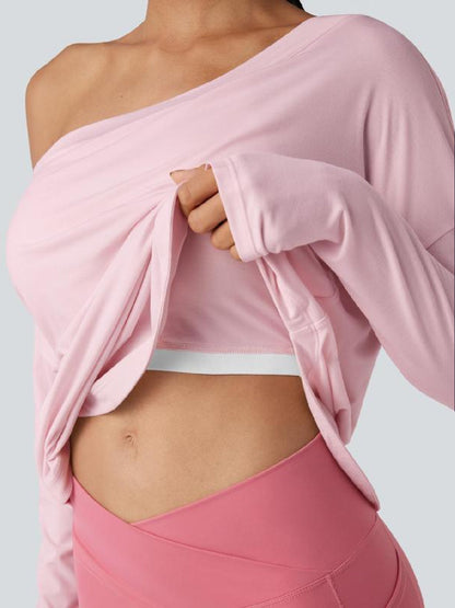 One Shoulder Long Sleeve Thumb Hole Curved Hem Top-Built-in Bra