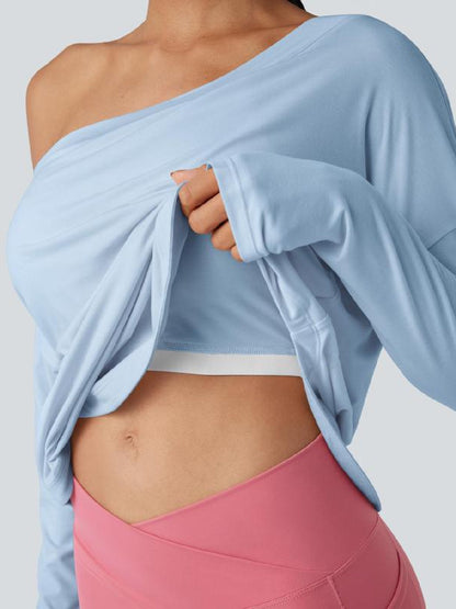 One Shoulder Long Sleeve Thumb Hole Curved Hem Top-Built-in Bra