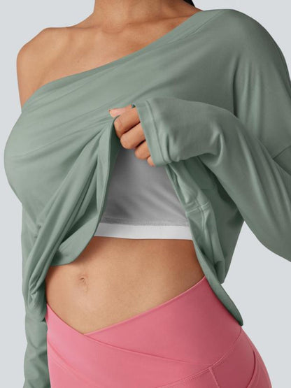 One Shoulder Long Sleeve Thumb Hole Curved Hem Top-Built-in Bra