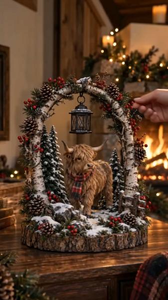 Highland Cow Christmas Woodland Lantern Decor Rustic Lighted Farmhouse Winter Tabletop Decoration