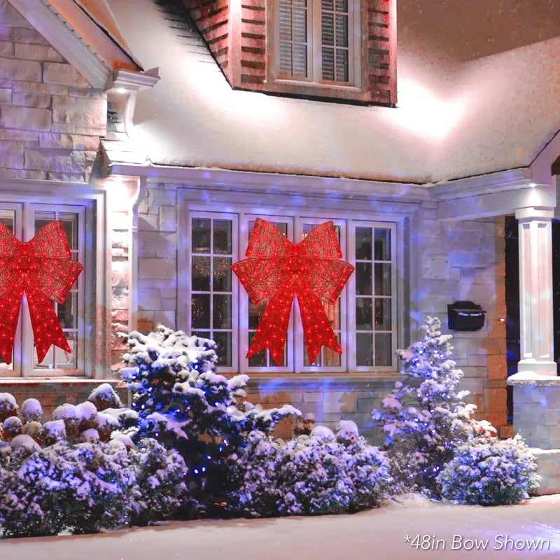 Pre-lit Christmas bow, large outdoor LED-illuminated holiday decoration with 8 lighting functions and hanging hook.