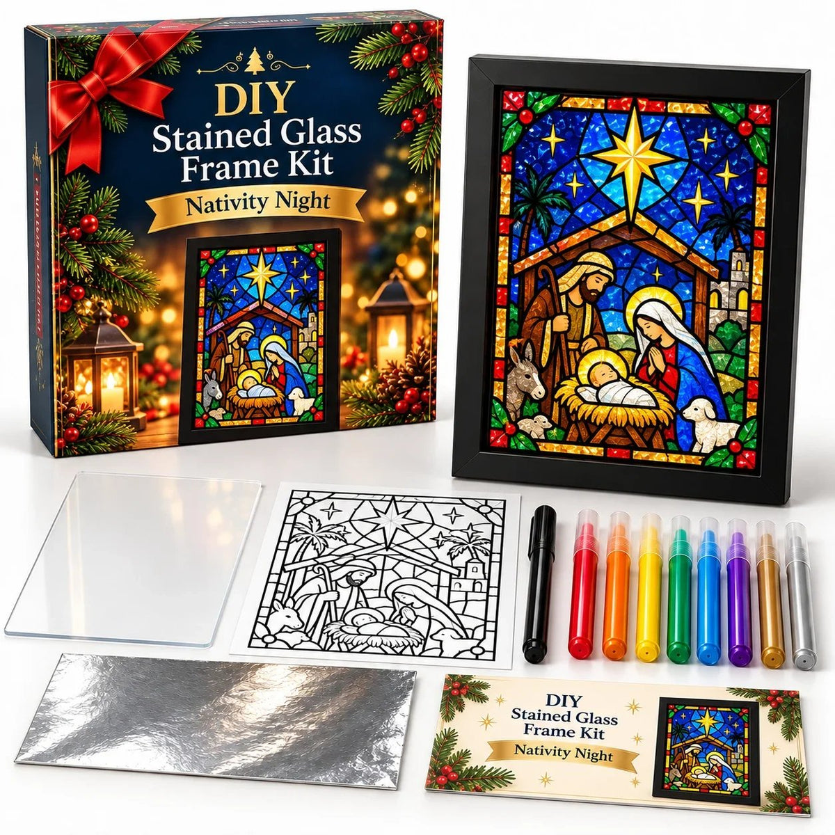 🎄🎨Beginner-Friendly Christmas Stained Glass-Style Frame Kit | 8 Festive Designs with Pens, Foil & Frame (✨Buy 2 Free Shipping)