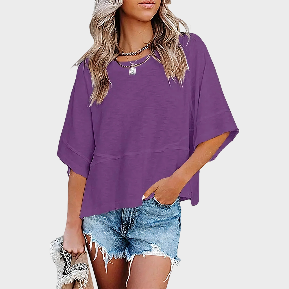 Panel Solid Color Flared Sleeve T-Shirt in Purple