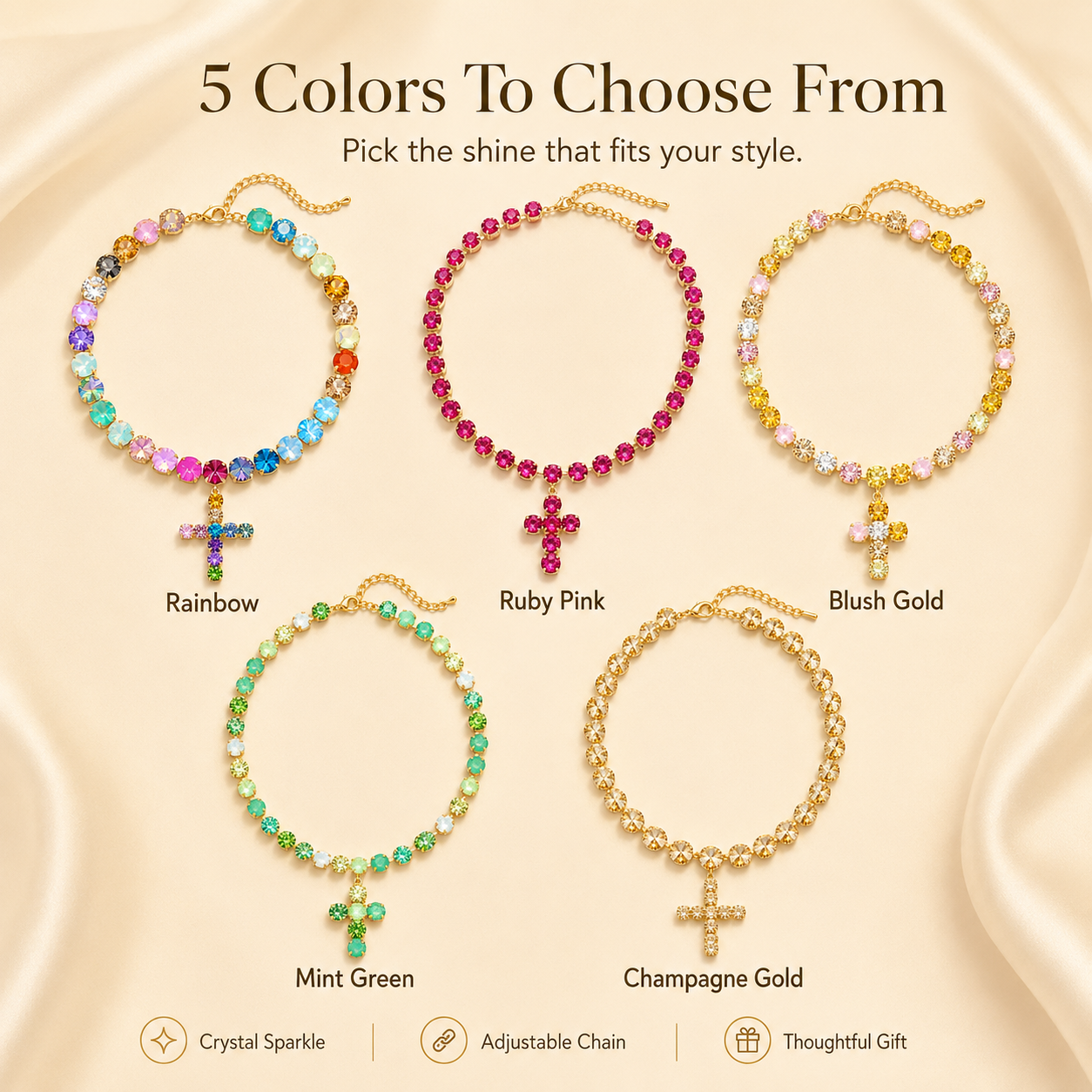 Colorful Crystal Cross Necklace – Sparkling Adjustable Statement Jewelry