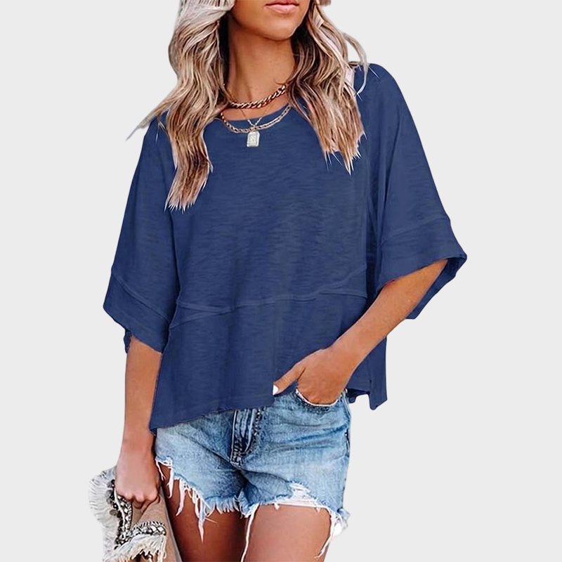 Panel Solid Color Flared Sleeve T-Shirt in Dark Blue