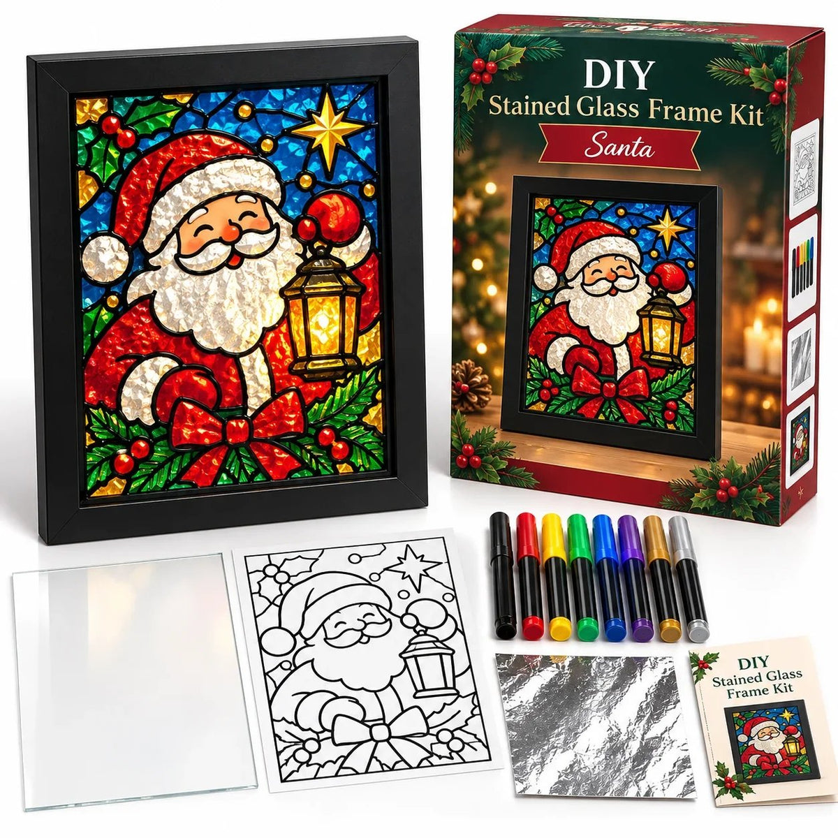 🎄🎨Beginner-Friendly Christmas Stained Glass-Style Frame Kit | 8 Festive Designs with Pens, Foil & Frame (✨Buy 2 Free Shipping)
