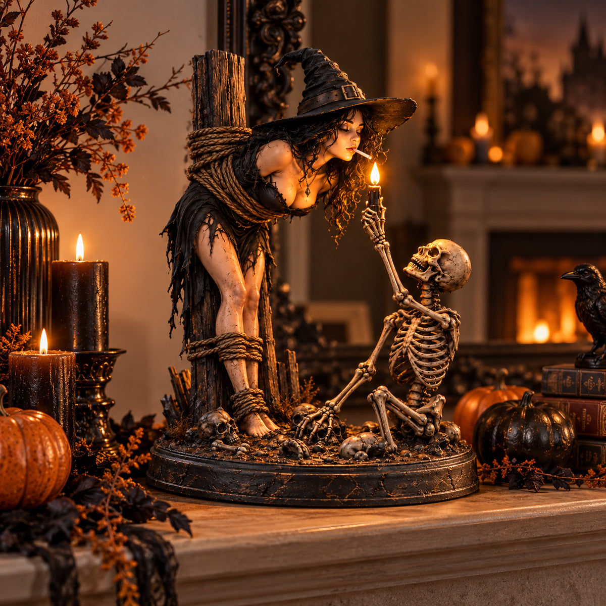Witch & Skeleton Light-Up Figurine – Gothic Halloween Tabletop Decor
