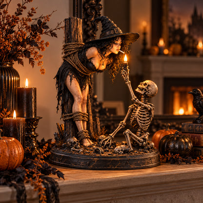 Witch & Skeleton Light-Up Figurine – Gothic Halloween Tabletop Decor