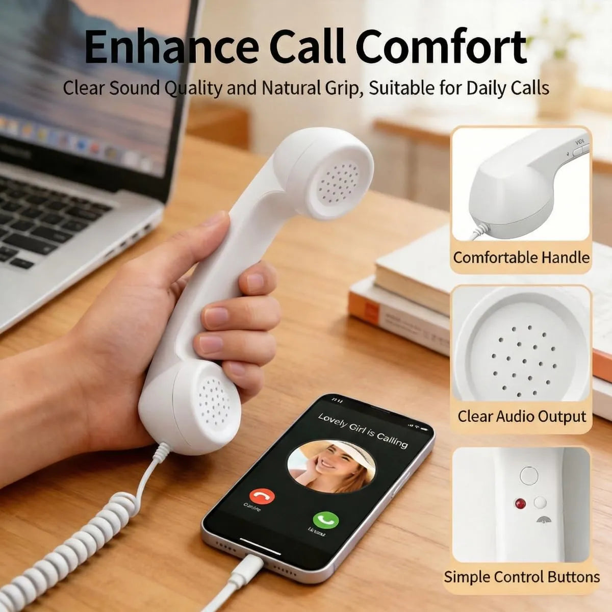 Retro Type-C Wired Phone Handset with Mic & Volume Control