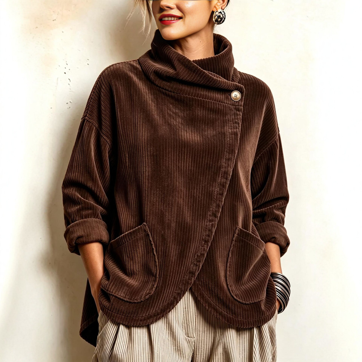 Cozy Asymmetric Button-Accented Corduroy Top