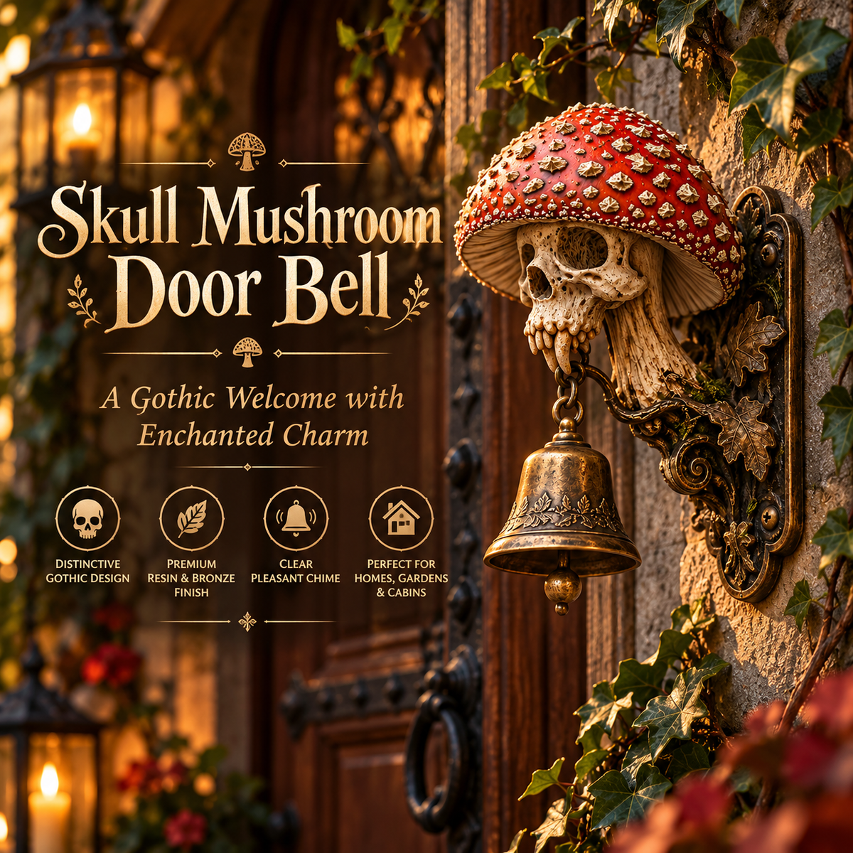 💀🍄 Skullcap Guardian – Gothic Mushroom Skull Door Bell with Vintage Bronze Chime