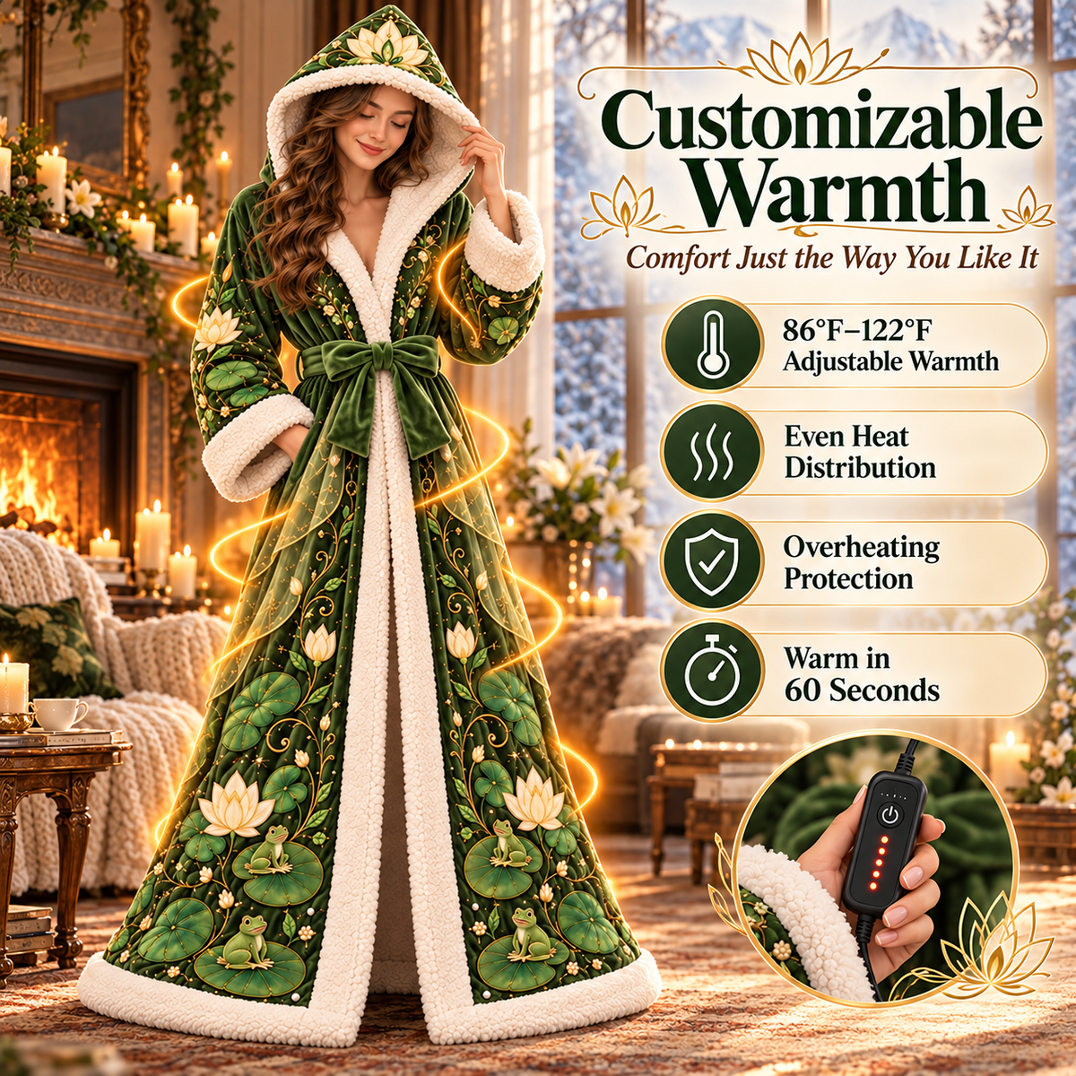 Lotus Garden USB Heated Hooded Robe – Plush Full-Length Wearable Warmth for Women