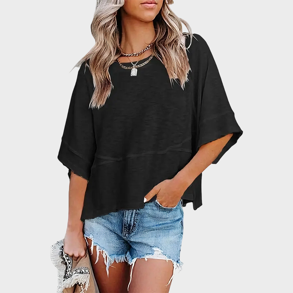 Panel Solid Color Flared Sleeve T-Shirt in Black
