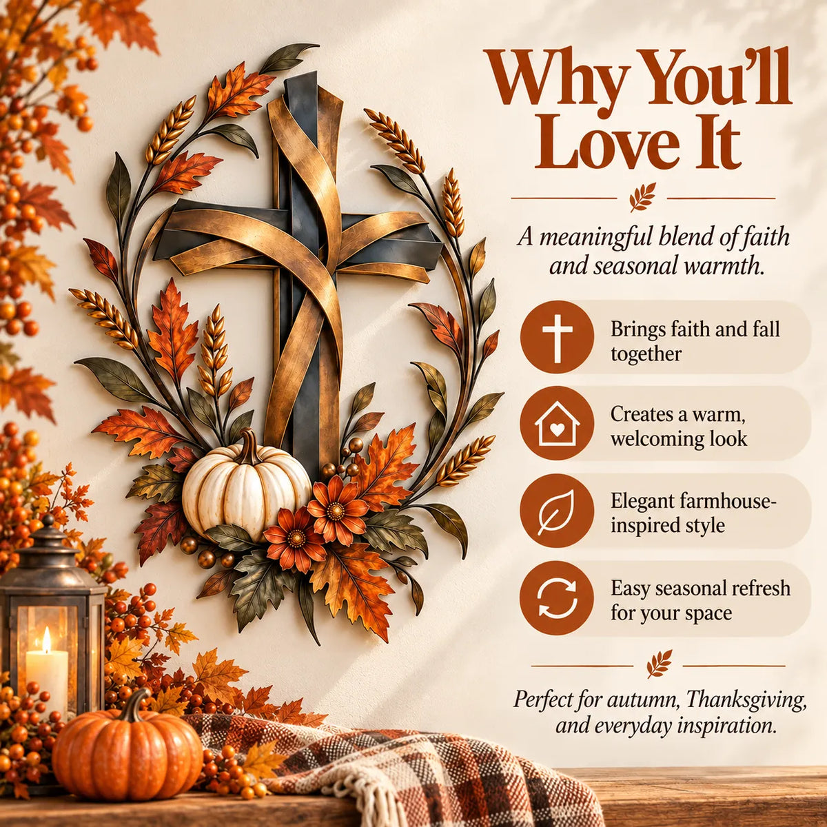 Autumn Cross & Pumpkin Harvest Metal Wall Decor