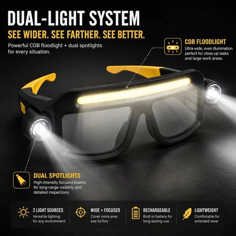 💡 Hands-Free LED Light Glasses | Wide Front Light + Focused Side Beams for DIY, Repairs, Fishing & Camping