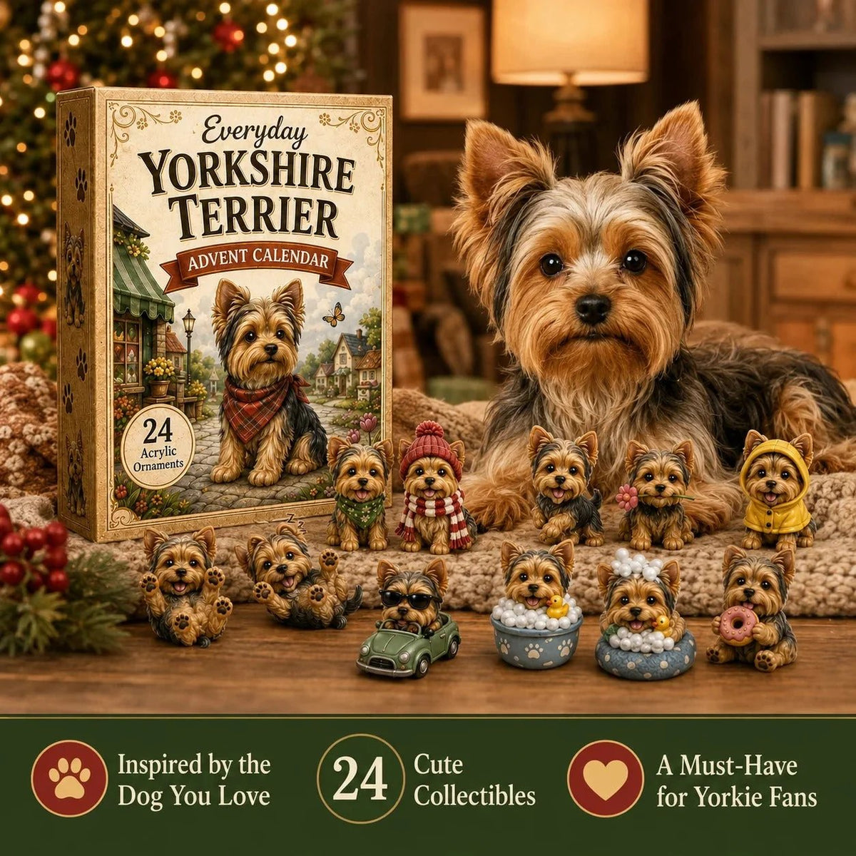 💥LAST DAY 49% OFF -✨Yorkshire Terrier 2D Advent Calendar – 24 Unique Yorkie Acrylic Ornaments & Daily Christmas Surprises