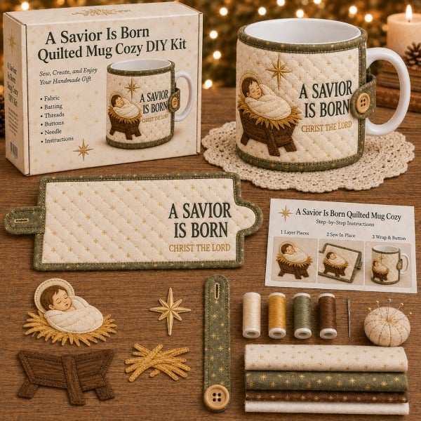 ⏳ Last Day 49% OFF – ✝️ Beginner-Friendly Christmas Faith Mug Cozy Sewing Kit | 6 Christian-Inspired Designs with Fabric Pieces, Batting, Appliqué, Thread, Buttons, Needle & Step-by-Step Guide Included 💕
