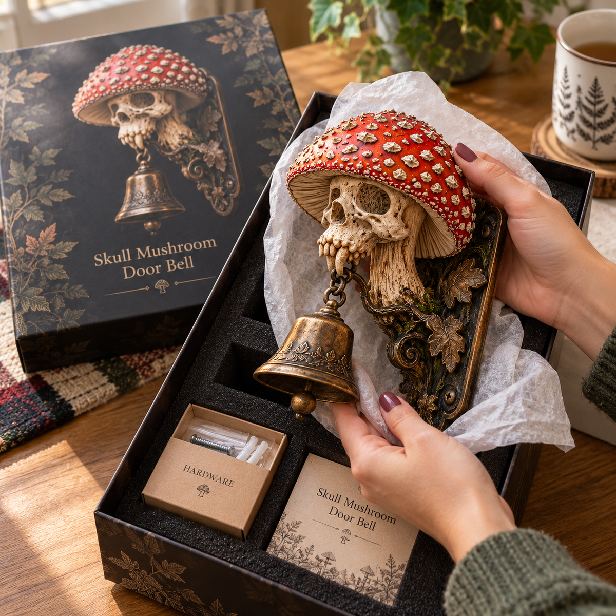 💀🍄 Skullcap Guardian – Gothic Mushroom Skull Door Bell with Vintage Bronze Chime