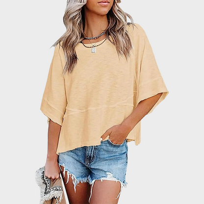 Panel Solid Color Flared Sleeve T-Shirt in Beige