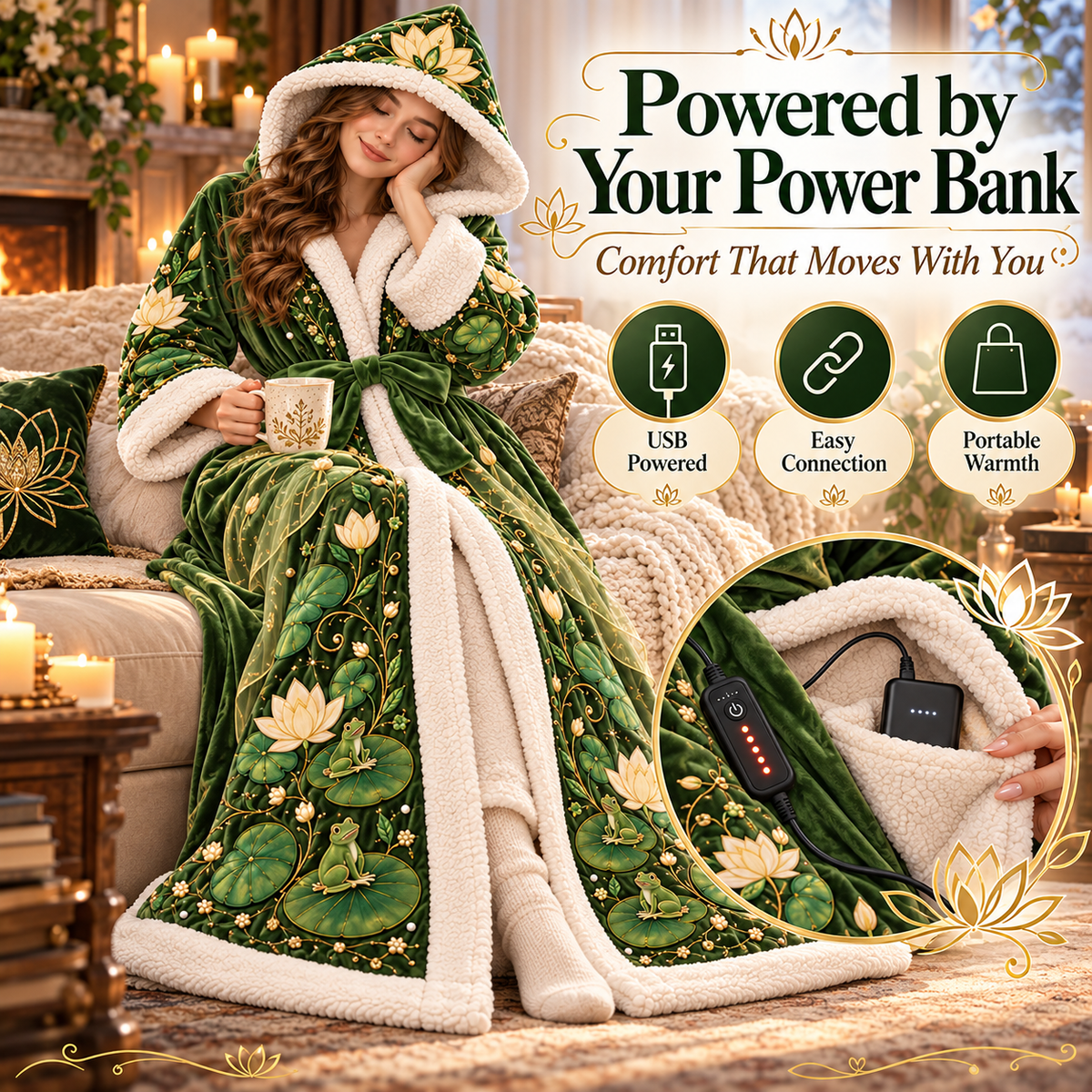 Lotus Garden USB Heated Hooded Robe – Plush Full-Length Wearable Warmth for Women