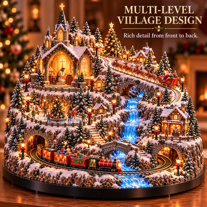 Lighted Animated Christmas Village with Train, Reindeer Sleigh & Waterfall