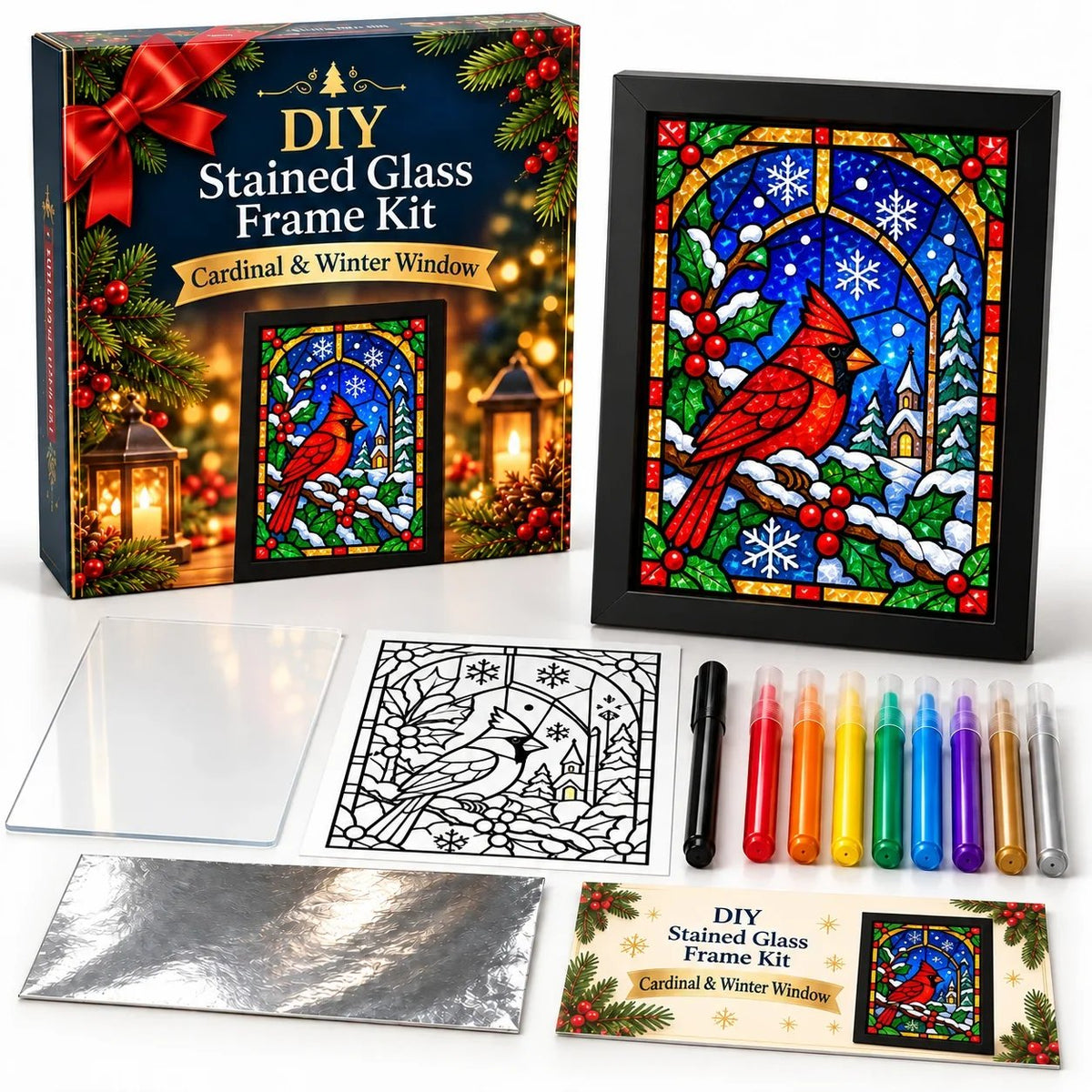 🎄🎨Beginner-Friendly Christmas Stained Glass-Style Frame Kit | 8 Festive Designs with Pens, Foil & Frame (✨Buy 2 Free Shipping)