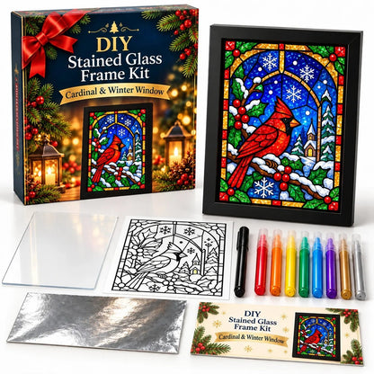 🎄🎨Beginner-Friendly Christmas Stained Glass-Style Frame Kit | 8 Festive Designs with Pens, Foil & Frame (✨Buy 2 Free Shipping)