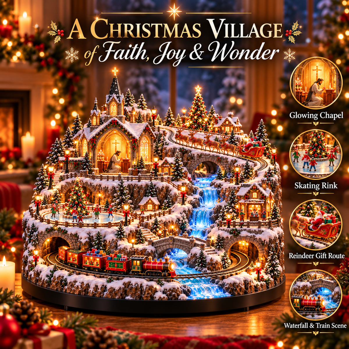 Lighted Animated Christmas Village with Train, Reindeer Sleigh & Waterfall