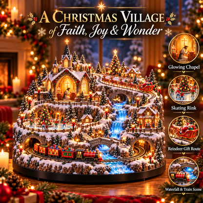 Lighted Animated Christmas Village with Train, Reindeer Sleigh & Waterfall