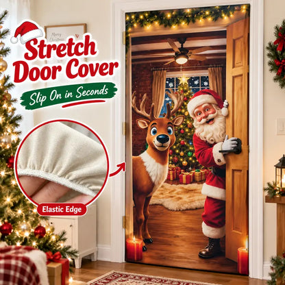 Christmas Door Cover - Stretch Fit Santa & Reindeer Door Decoration with 4-Side Elastic Edges