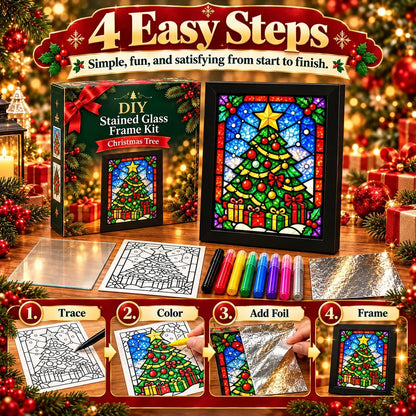 🎄🎨Beginner-Friendly Christmas Stained Glass-Style Frame Kit | 8 Festive Designs with Pens, Foil & Frame (✨Buy 2 Free Shipping)