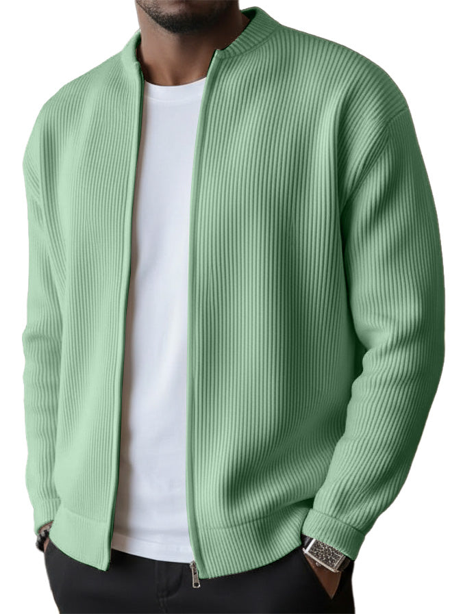 Men's Simple Casual Ribbed Stand Collar Zipper Long Sleeved Jacket
