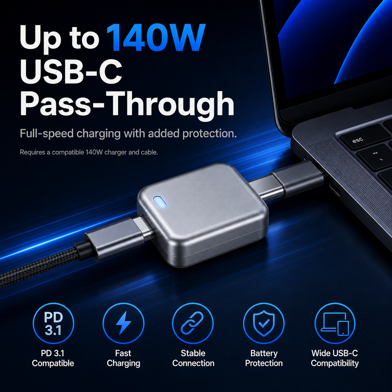Smart Auto-Disconnect USB-C Charging Adapter – Up to 140W Pass-Through