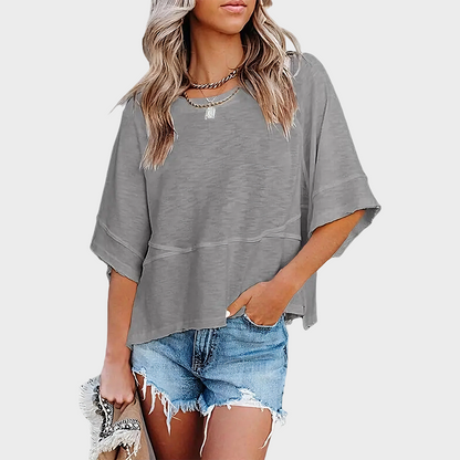 Panel Solid Color Flared Sleeve T-Shirt in Grey