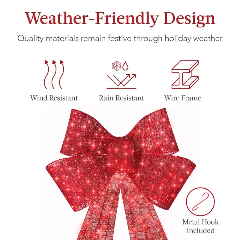 Pre-lit Christmas bow, large outdoor LED-illuminated holiday decoration with 8 lighting functions and hanging hook.