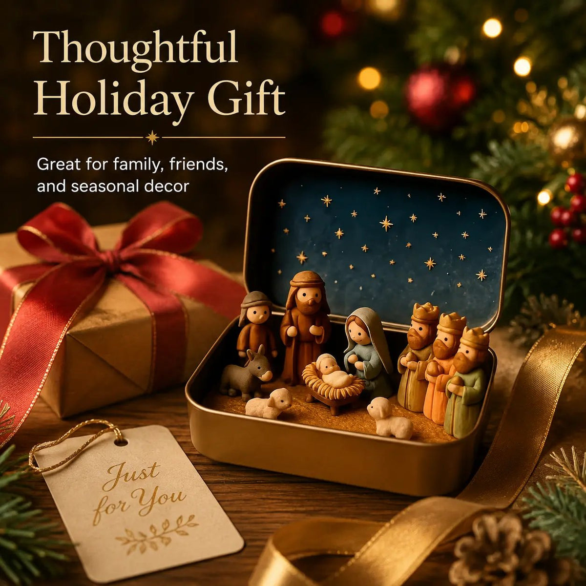 Mini nativity scene keepsake tin shown as a thoughtful Christmas gift