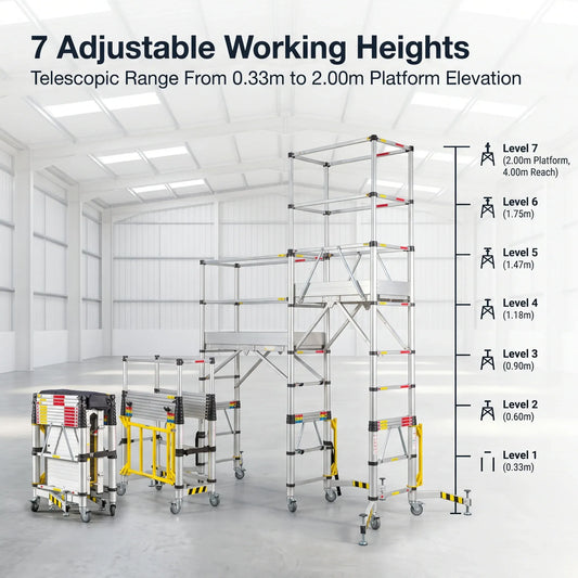 7-Level Aluminum Telescoping Scaffold Tower – 800 LBS Portable Adjustable Work Platform for Construction, Painting & Maintenance