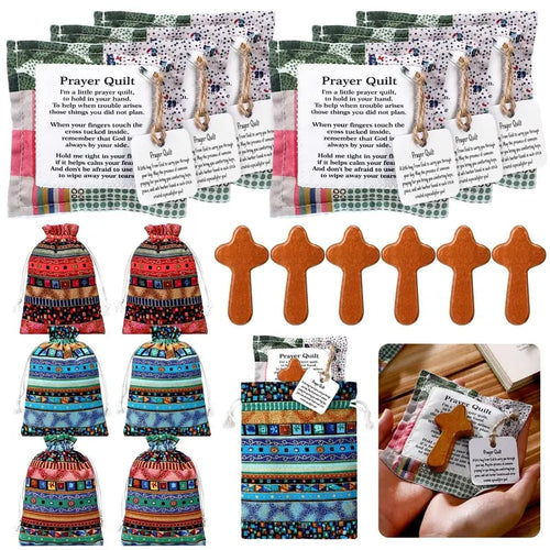 🎁🙏Pocket Prayer Quilt Set | Mini Handmade Prayer Blankets with Cross & Drawstring Bag Christian Gifts✝️