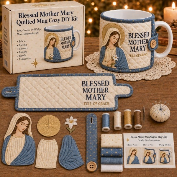 ⏳ Last Day 49% OFF – ✝️ Beginner-Friendly Christmas Faith Mug Cozy Sewing Kit | 6 Christian-Inspired Designs with Fabric Pieces, Batting, Appliqué, Thread, Buttons, Needle & Step-by-Step Guide Included 💕
