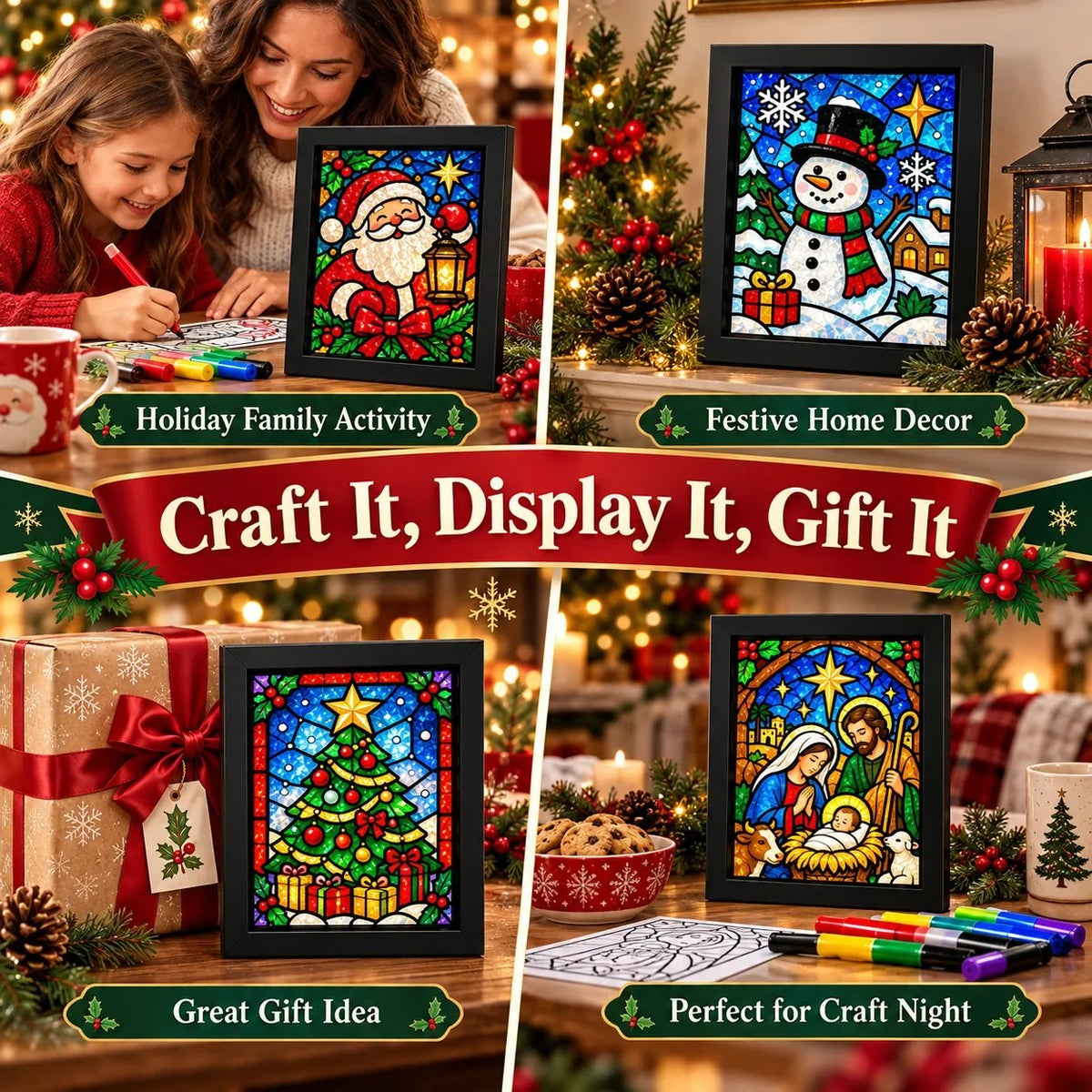🎄🎨Beginner-Friendly Christmas Stained Glass-Style Frame Kit | 8 Festive Designs with Pens, Foil & Frame (✨Buy 2 Free Shipping)