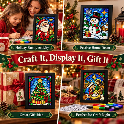 🎄🎨Beginner-Friendly Christmas Stained Glass-Style Frame Kit | 8 Festive Designs with Pens, Foil & Frame (✨Buy 2 Free Shipping)