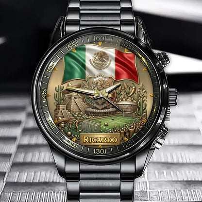 Personalized Mexico Soccer 2026 Custom Name Watch — Mexican Flag Eagle Patriotic Commemorative Timepiece