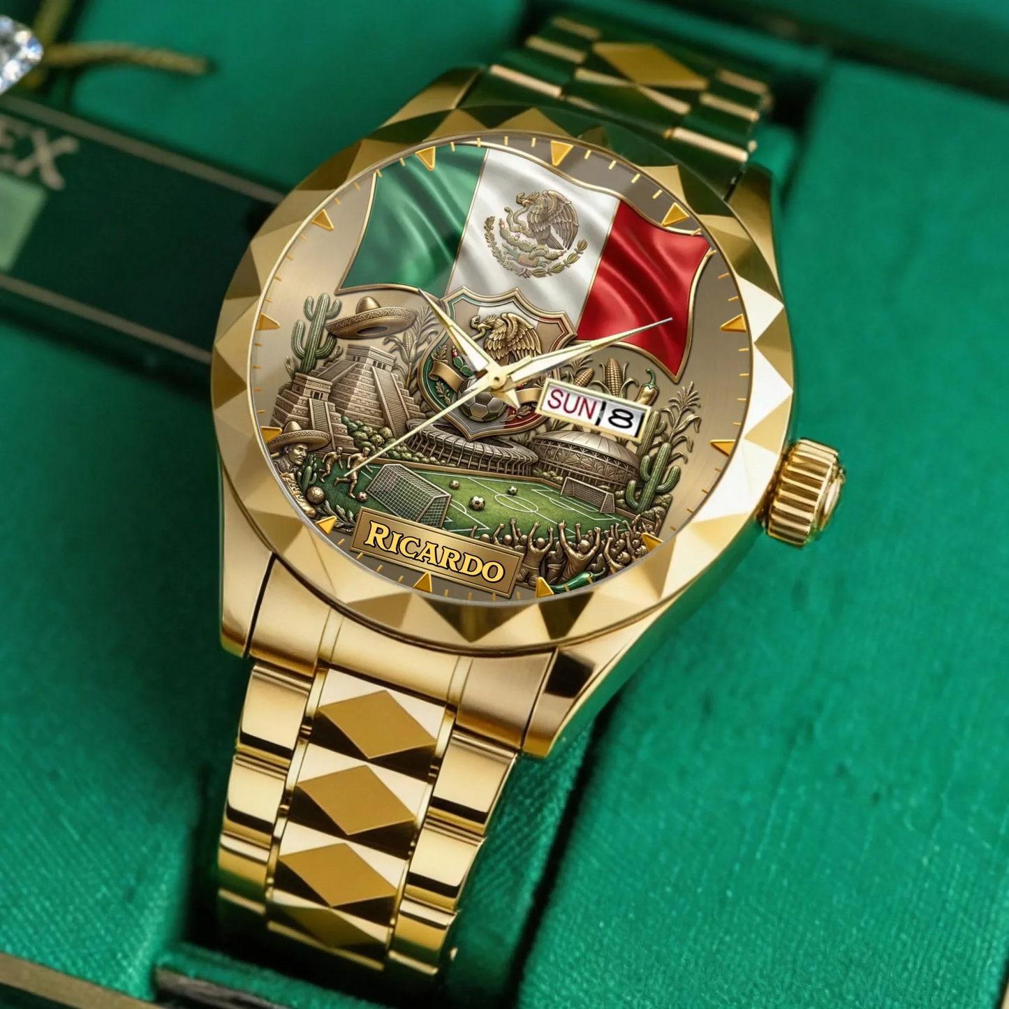 Personalized Mexico Soccer 2026 Custom Name Watch — Mexican Flag Eagle Patriotic Commemorative Timepiece